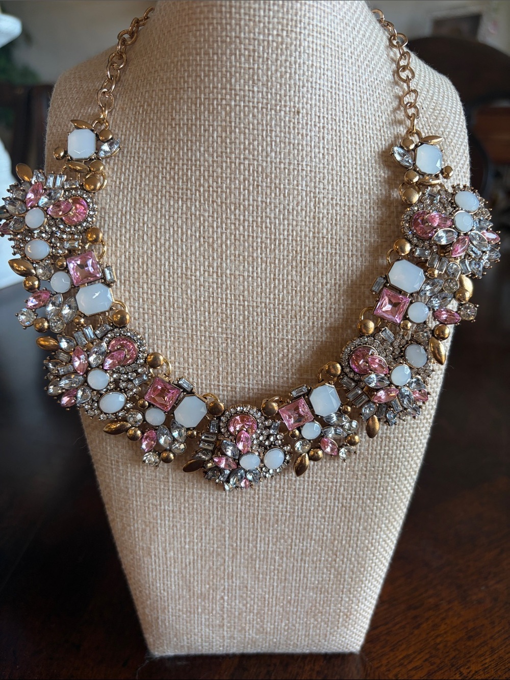 Statement Necklace with Pink and White Crystals - Fashion Jewelry